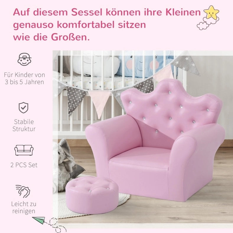 Poltroncina per bambini rosa con pouf e finitura capitonné