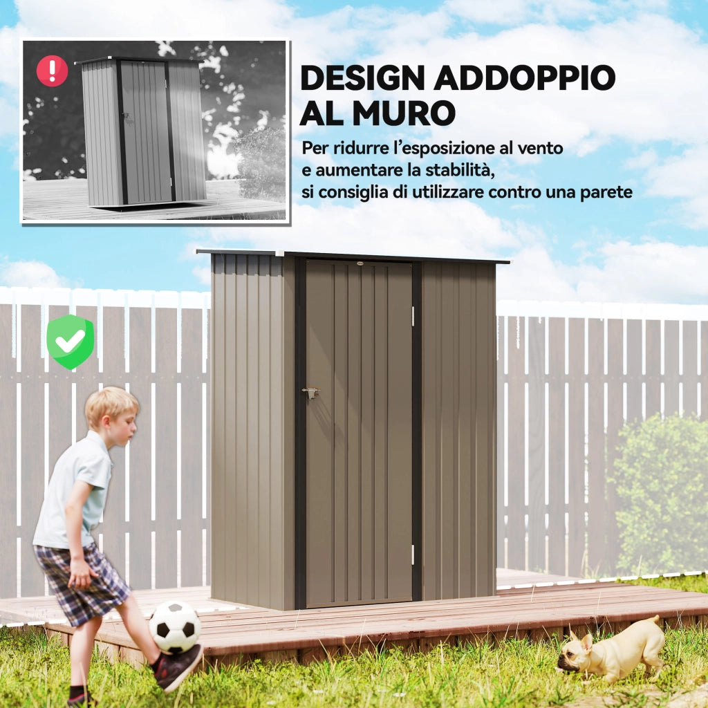 Capanno Porta Attrezzi 142x86x189 cm con Tetto Inclinato e Porta Bloccabile in Metallo Marrone