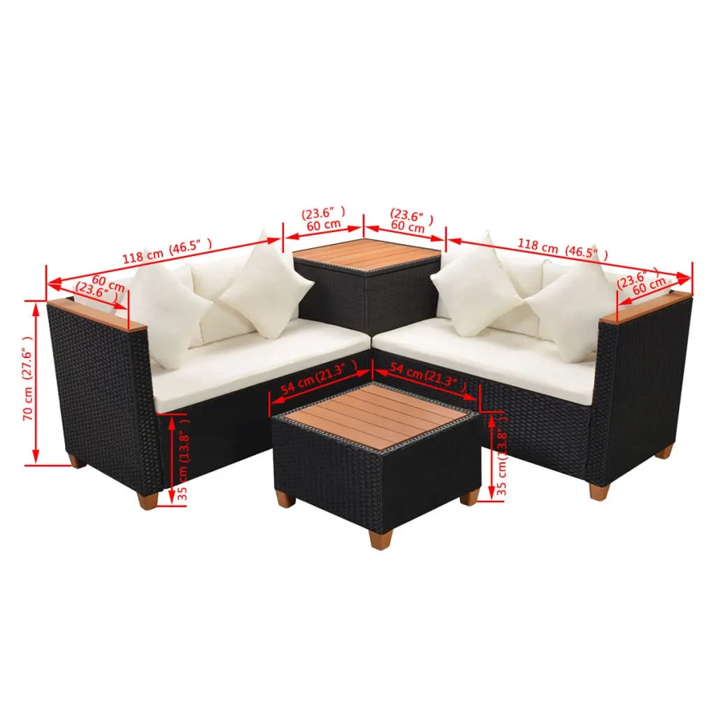 Set Divani da Giardino 4 pz con Cuscini in Polyrattan Nero 43003