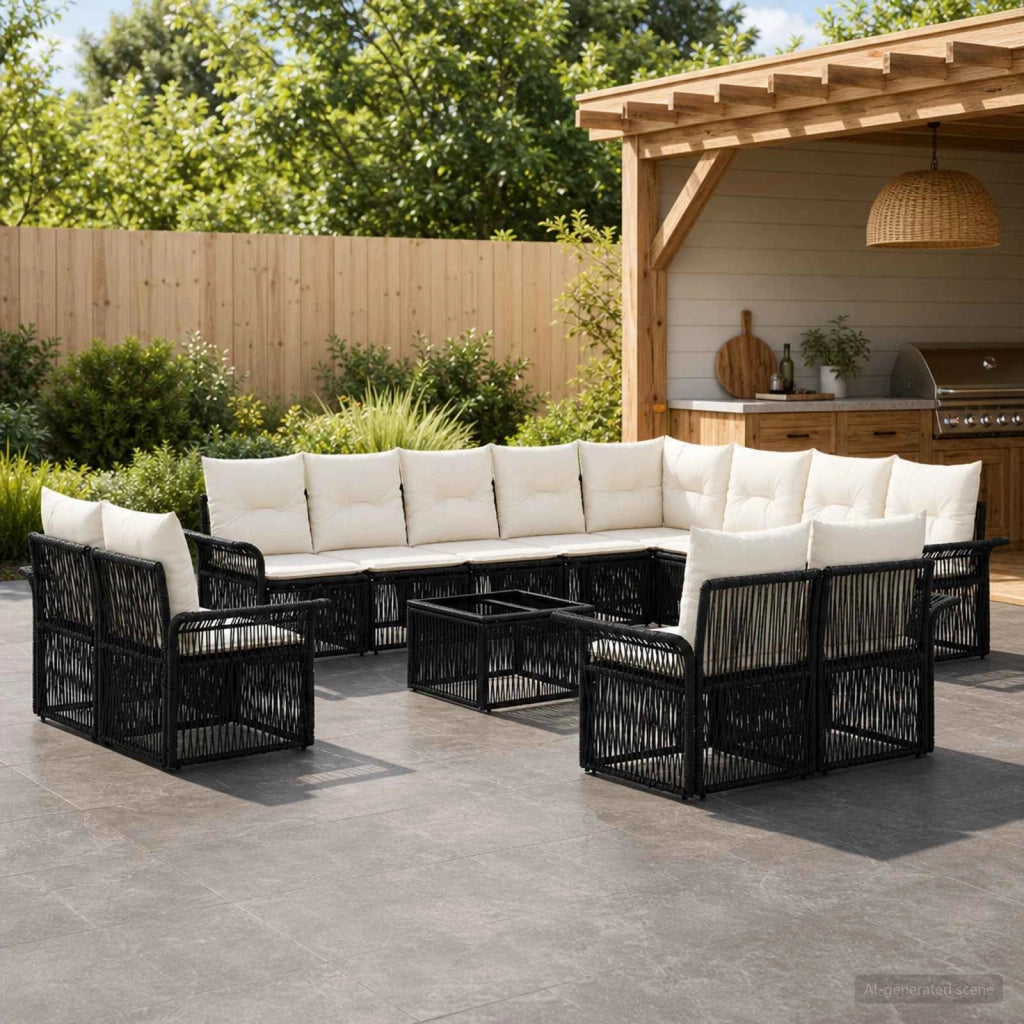 Set Divano da Giardino 13 pz Nero e Bianco Crema polyrattan 3435007