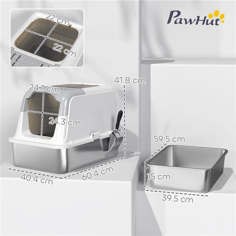LETTIERA PER GATTI CHIUSA A 2 INGRESSI CON DEODORANTE E PALETTA, 60.4X40.4X41.8 CM, BIANCO E GRIGIO