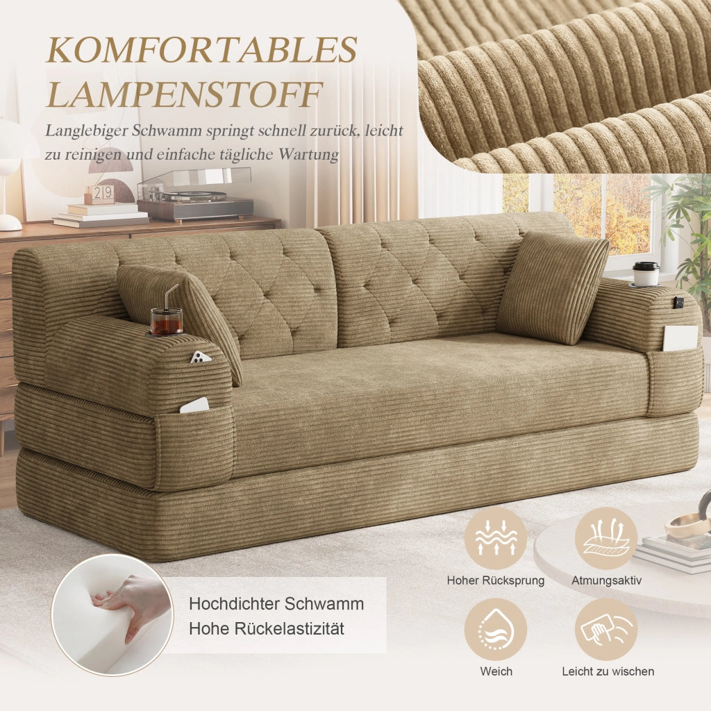 Divano letto compatto con schienale alto e 4 tasche laterali, portabicchieri, in tessuto corda cachi 208 × 80 × 81 cm