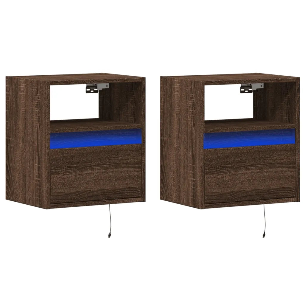 Comodini a Parete con luci LED 2 pz-Set di 2 Tavolino da notte Rovere Marrone 140279