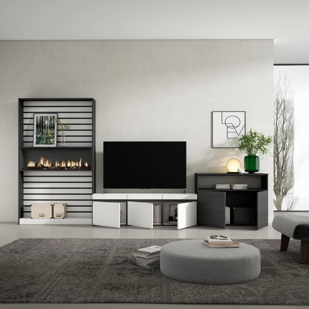 Mobile TV, Soggiorno, 360x35x186cm, Per TV fino a 65", Camino elettrico, Bianco e nero RF3187
