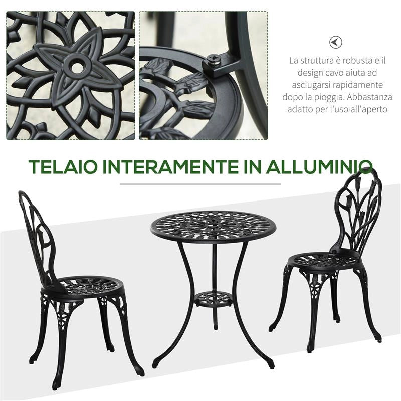 SET DA GIARDINO 3 PEZZI IN ALLUMINIO CON 2 SEDIE 42.5X47.5X89 CM E TAVOLINO ROTONDO Ø60X67 CM, NERO