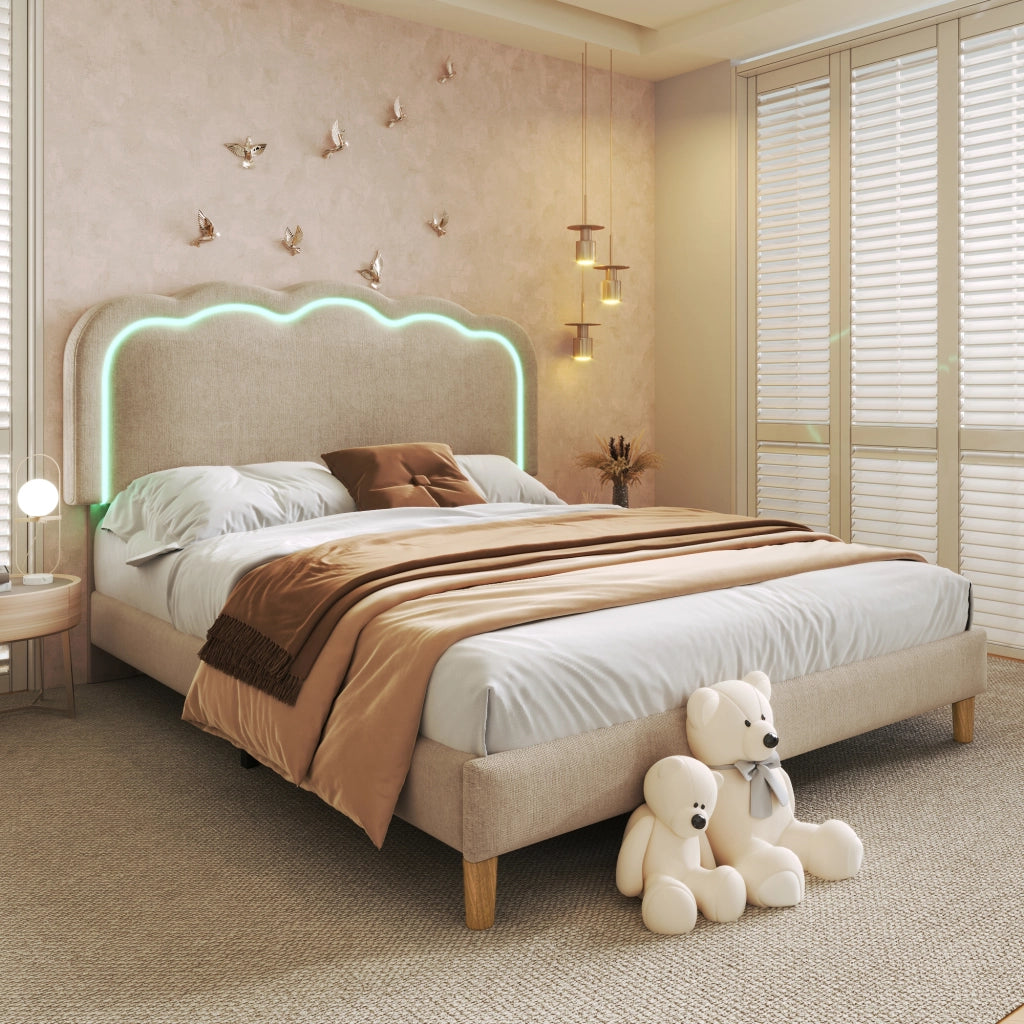Letto Matrimoniale 140×200 cm con Testiera Regolabile e LED; senza Materasso; in Lino; Beige