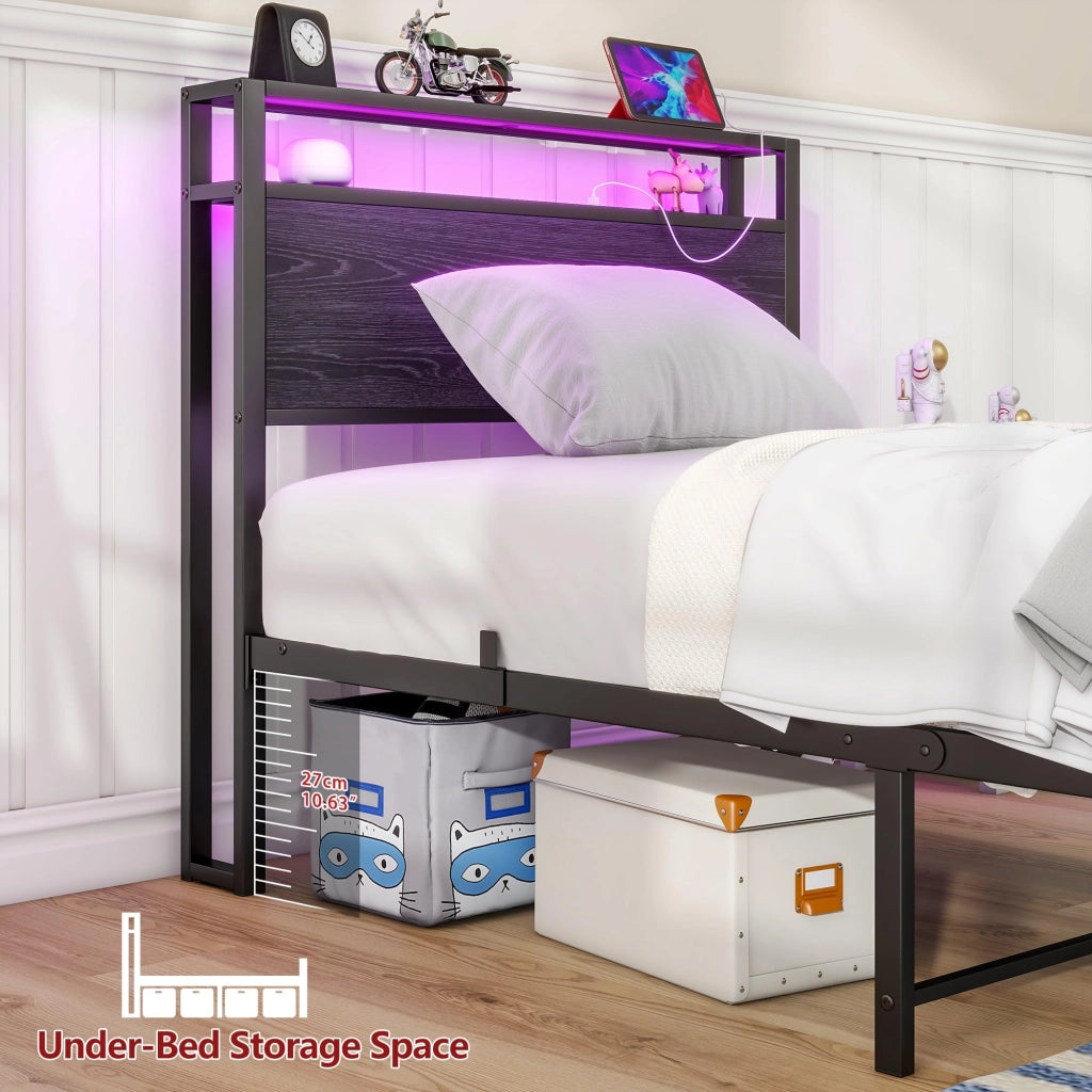 LETTO 90x200 cm con contenitore, metallo e MDF, nero, USB e LED
