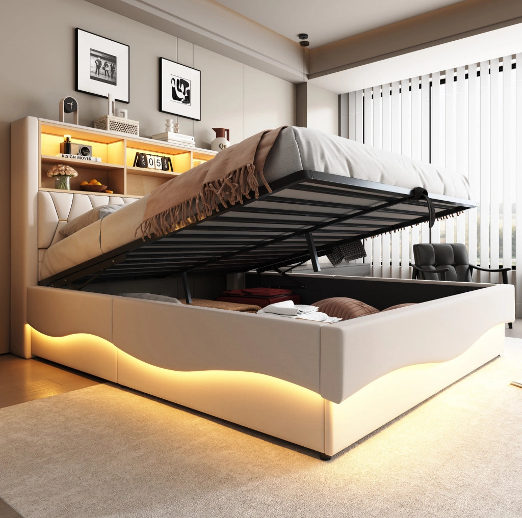 Letto imbottito 180x200 cm beige con LED, USB e vano contenitore