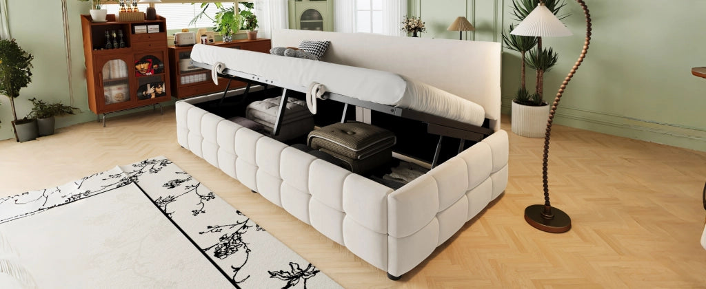 Letto sofà con vano contenitore idraulico velluto beige 90x200 cm