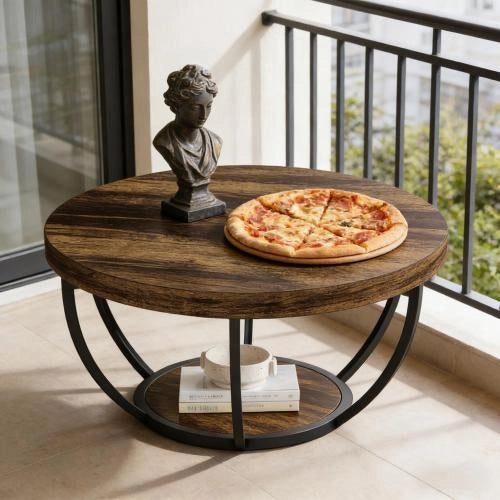 Tavolino basso rotondo a 2 livelli con piano in legno e base in metallo, stile rustico, per soggiorno e ufficio