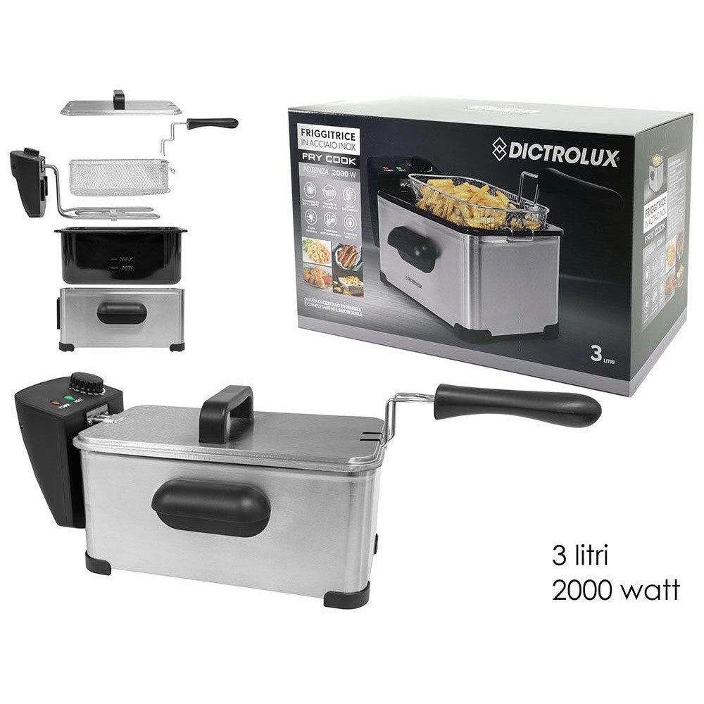 Trade Shop - Friggitrice Elettrica Professionale In Acciaio Inox Cesto 3lt 2000w Con Maniglia Coperchio -