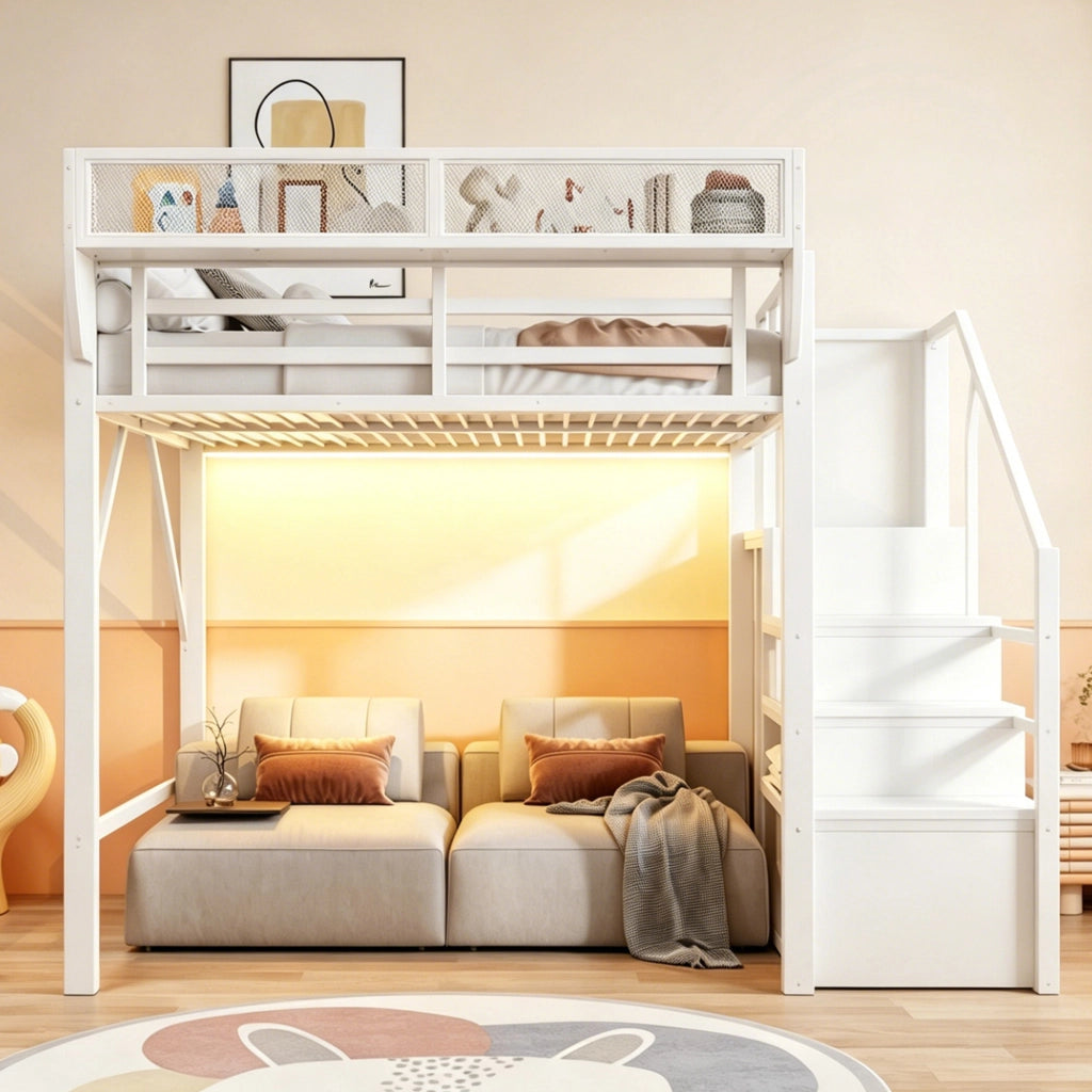 LETTO a soppalco 140x200 cm in metallo bianco con LED