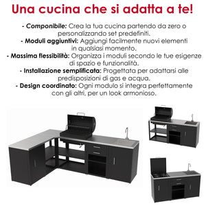 SOLEILUX Set Cucina da Esterno a Gas 2 Elementi con Lavello Rubinetto e tagliere incassato - Struttura in Acciaio e Piano in Acciaio Inox - Nero