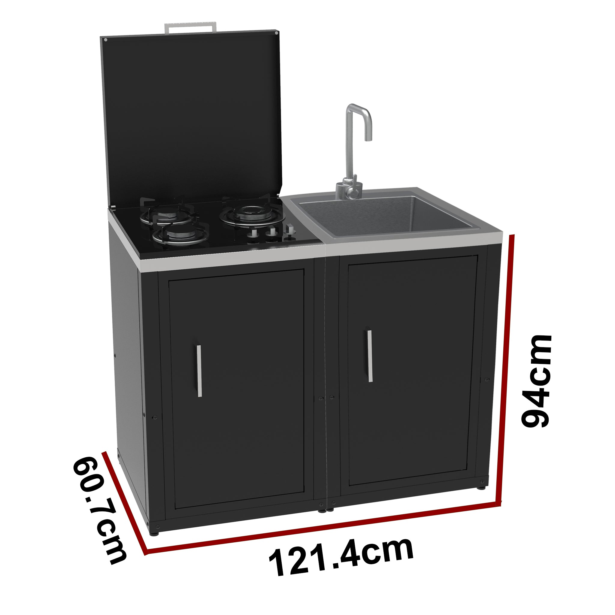 SOLEILUX Set Cucina da Esterno a Gas 2 Elementi con Lavello Rubinetto e tagliere incassato - Struttura in Acciaio e Piano in Acciaio Inox - Nero