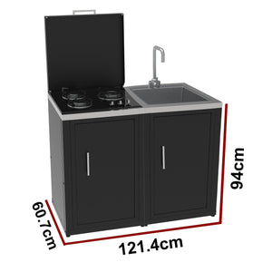 SOLEILUX Set Cucina da Esterno a Gas 2 Elementi con Lavello Rubinetto e tagliere incassato - Struttura in Acciaio e Piano in Acciaio Inox - Nero