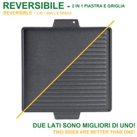 Griglia Bistecchiera 2 IN 1 Quadrata in Ghisa Universale Antiaderente 40x40 cm - LISCIA e RIGATA con 2 Manici