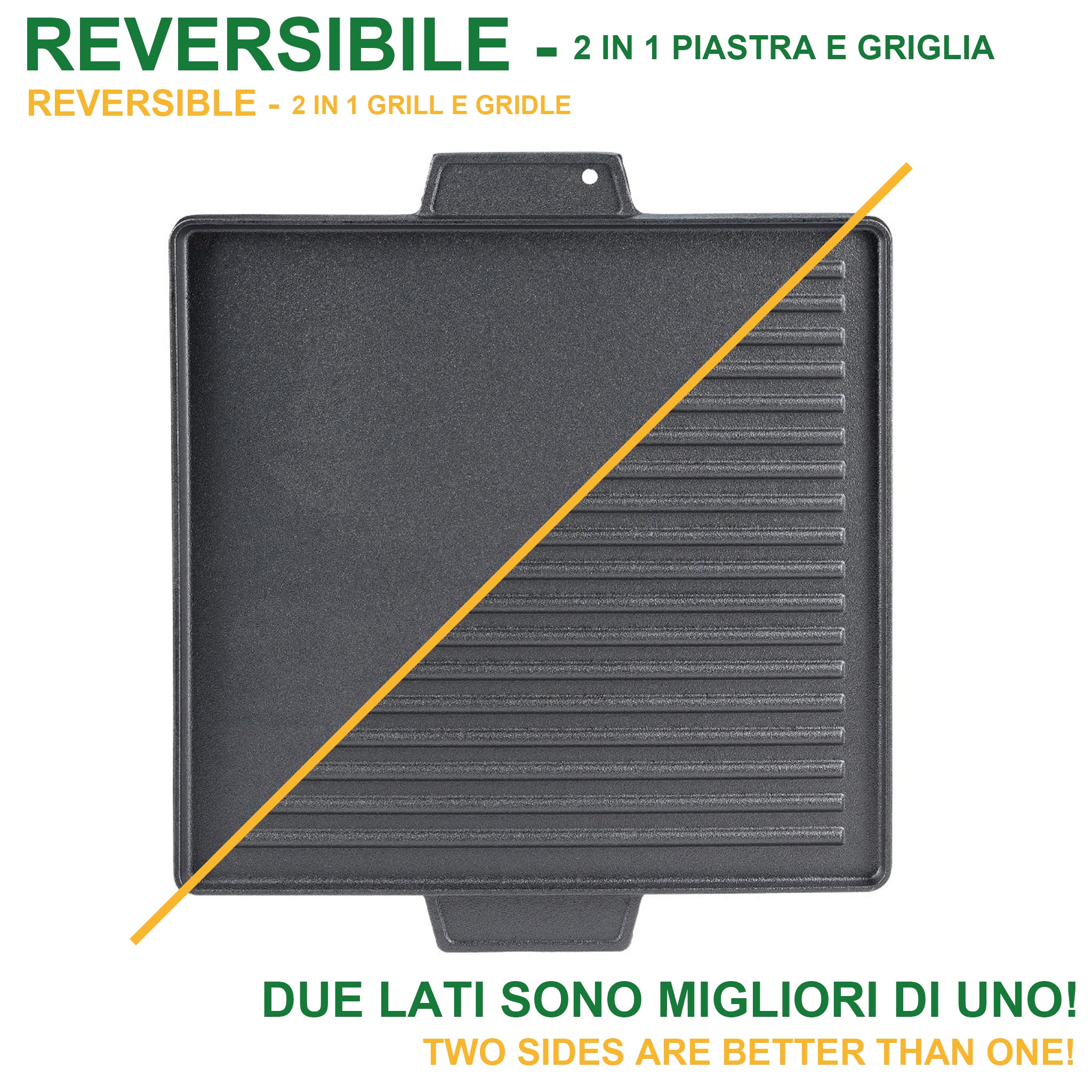 Griglia Bistecchiera 2 IN 1 Quadrata in Ghisa Universale Antiaderente 40x40 cm - LISCIA e RIGATA con 2 Manici
