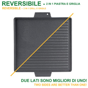 Griglia Bistecchiera 2 IN 1 Quadrata in Ghisa Universale Antiaderente 40x40 cm - LISCIA e RIGATA con 2 Manici
