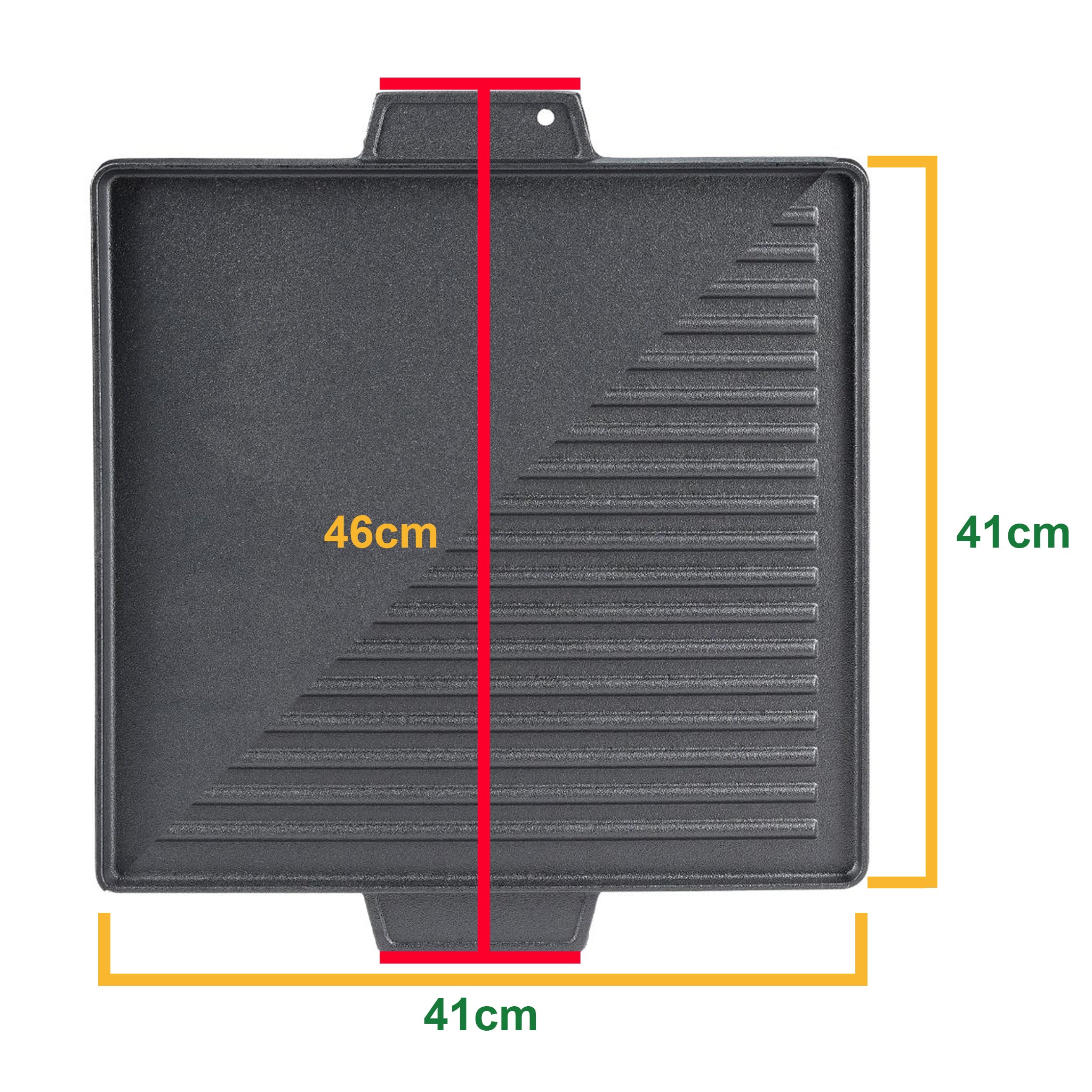 Griglia Bistecchiera 2 IN 1 Quadrata in Ghisa Universale Antiaderente 40x40 cm - LISCIA e RIGATA con 2 Manici