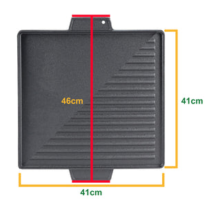Griglia Bistecchiera 2 IN 1 Quadrata in Ghisa Universale Antiaderente 40x40 cm - LISCIA e RIGATA con 2 Manici