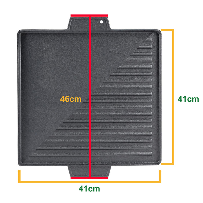 Griglia Bistecchiera 2 IN 1 Quadrata in Ghisa Universale Antiaderente 40x40 cm - LISCIA e RIGATA con 2 Manici