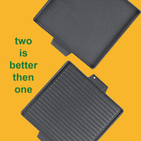 Griglia Bistecchiera 2 IN 1 Quadrata in Ghisa Universale Antiaderente 40x40 cm - LISCIA e RIGATA con 2 Manici