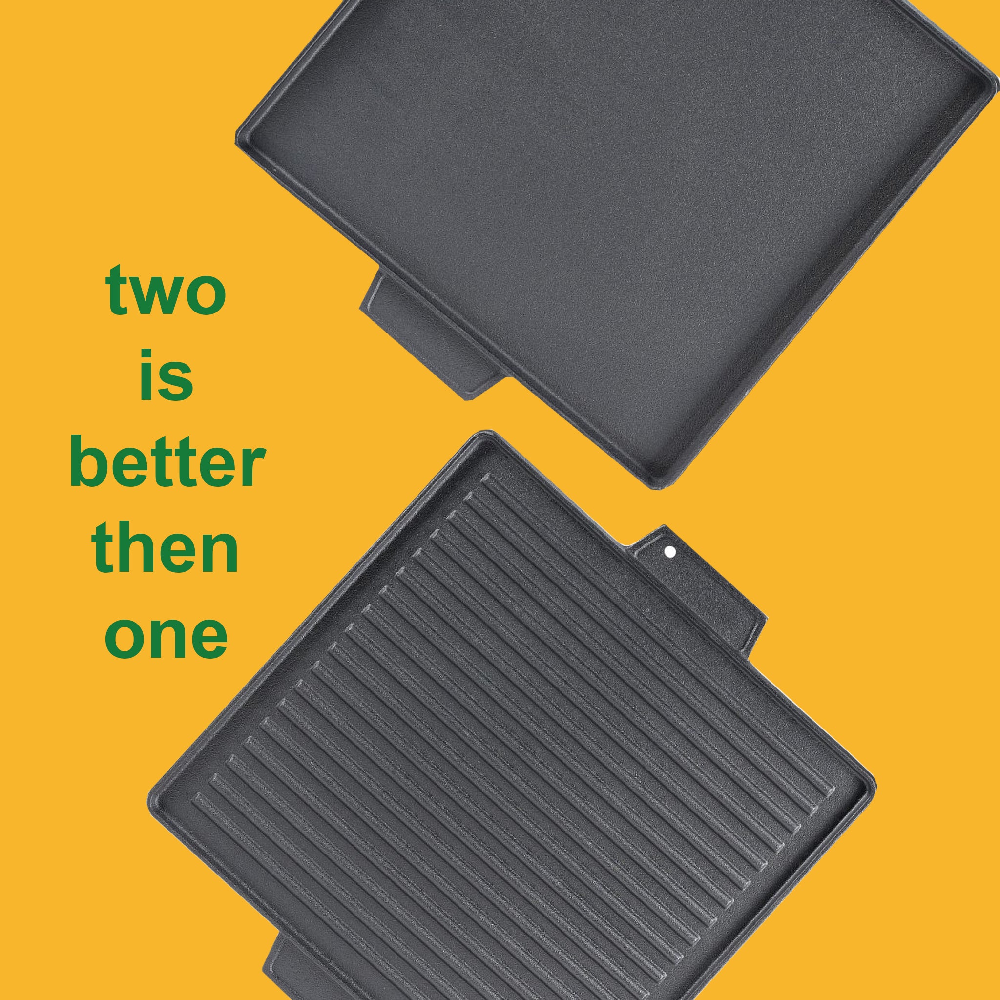 Griglia Bistecchiera 2 IN 1 Quadrata in Ghisa Universale Antiaderente 40x40 cm - LISCIA e RIGATA con 2 Manici