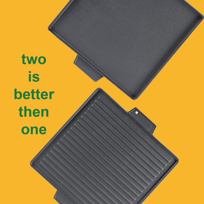 Griglia Bistecchiera 2 IN 1 Quadrata in Ghisa Universale Antiaderente 40x40 cm - LISCIA e RIGATA con 2 Manici