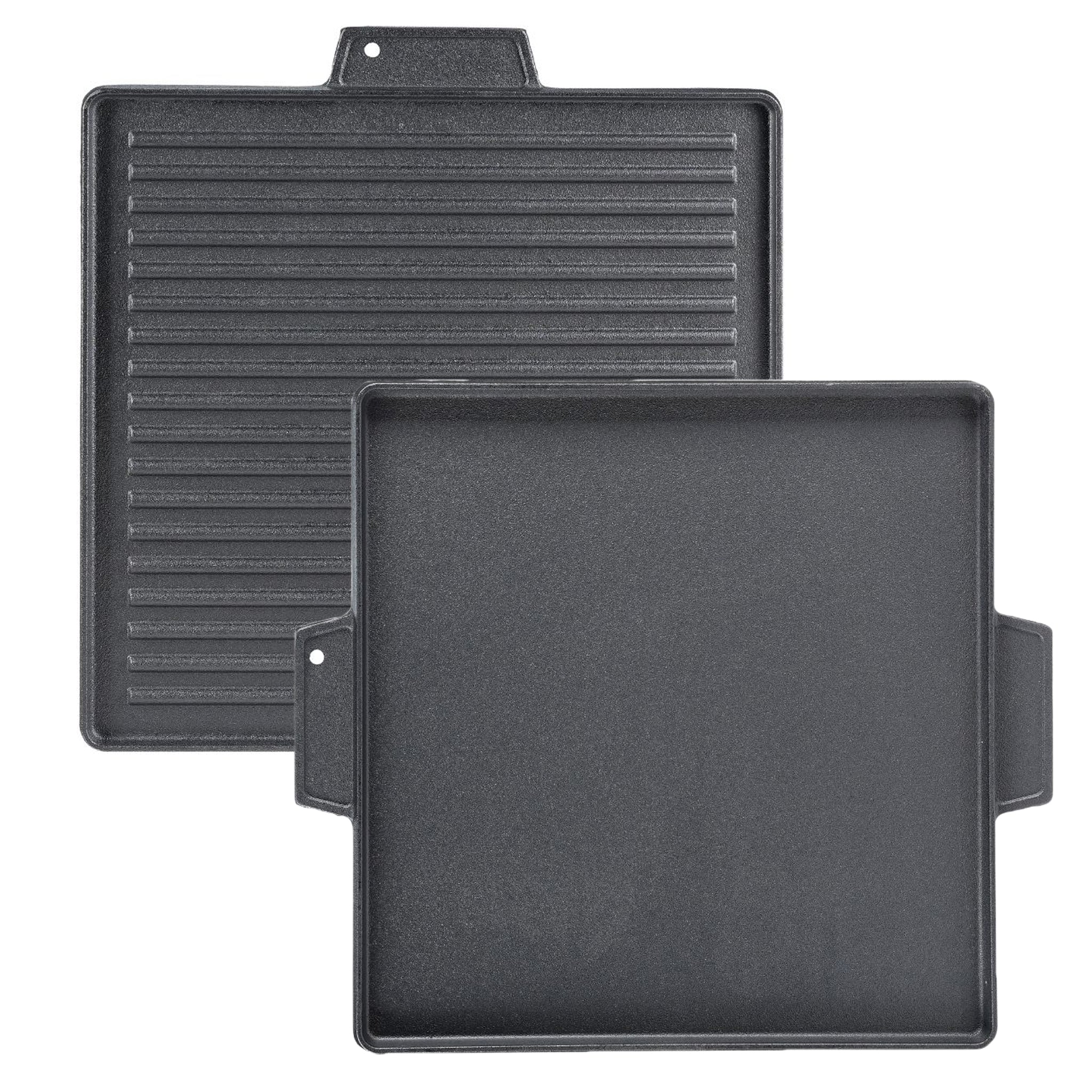 Griglia Bistecchiera 2 IN 1 Quadrata in Ghisa Universale Antiaderente 40x40 cm - LISCIA e RIGATA con 2 Manici