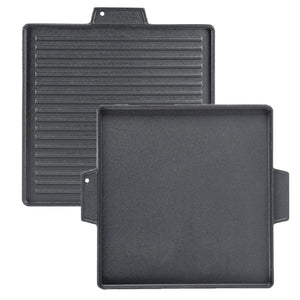 Griglia Bistecchiera 2 IN 1 Quadrata in Ghisa Universale Antiaderente 40x40 cm - LISCIA e RIGATA con 2 Manici