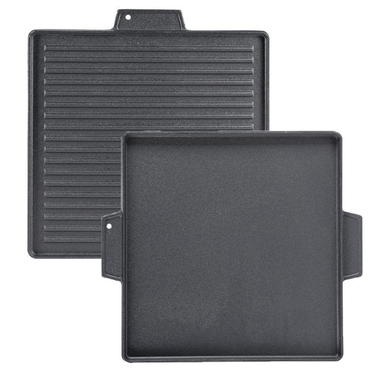 Griglia Bistecchiera 2 IN 1 Quadrata in Ghisa Universale Antiaderente 40x40 cm - LISCIA e RIGATA con 2 Manici