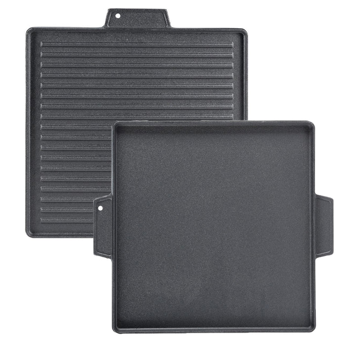 Griglia Bistecchiera 2 IN 1 Quadrata in Ghisa Universale Antiaderente 40x40 cm - LISCIA e RIGATA con 2 Manici