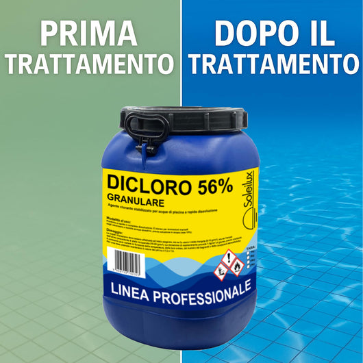 SOLEILUX Dicloro Cloro Granulare 56% Rapido per Piscina - 25 kg, Dicloro Stabilizzato a Rapida Dissoluzione per Trattamento Shock, Mantenimento, Iperclorazione, Pulizia ed Igiene dell'Acqua di Piscine