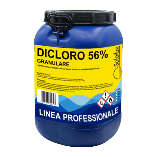 SOLEILUX Dicloro Cloro Granulare 56% Rapido per Piscina - 25 kg, Dicloro Stabilizzato a Rapida Dissoluzione per Trattamento Shock, Mantenimento, Iperclorazione, Pulizia ed Igiene dell'Acqua di Piscine