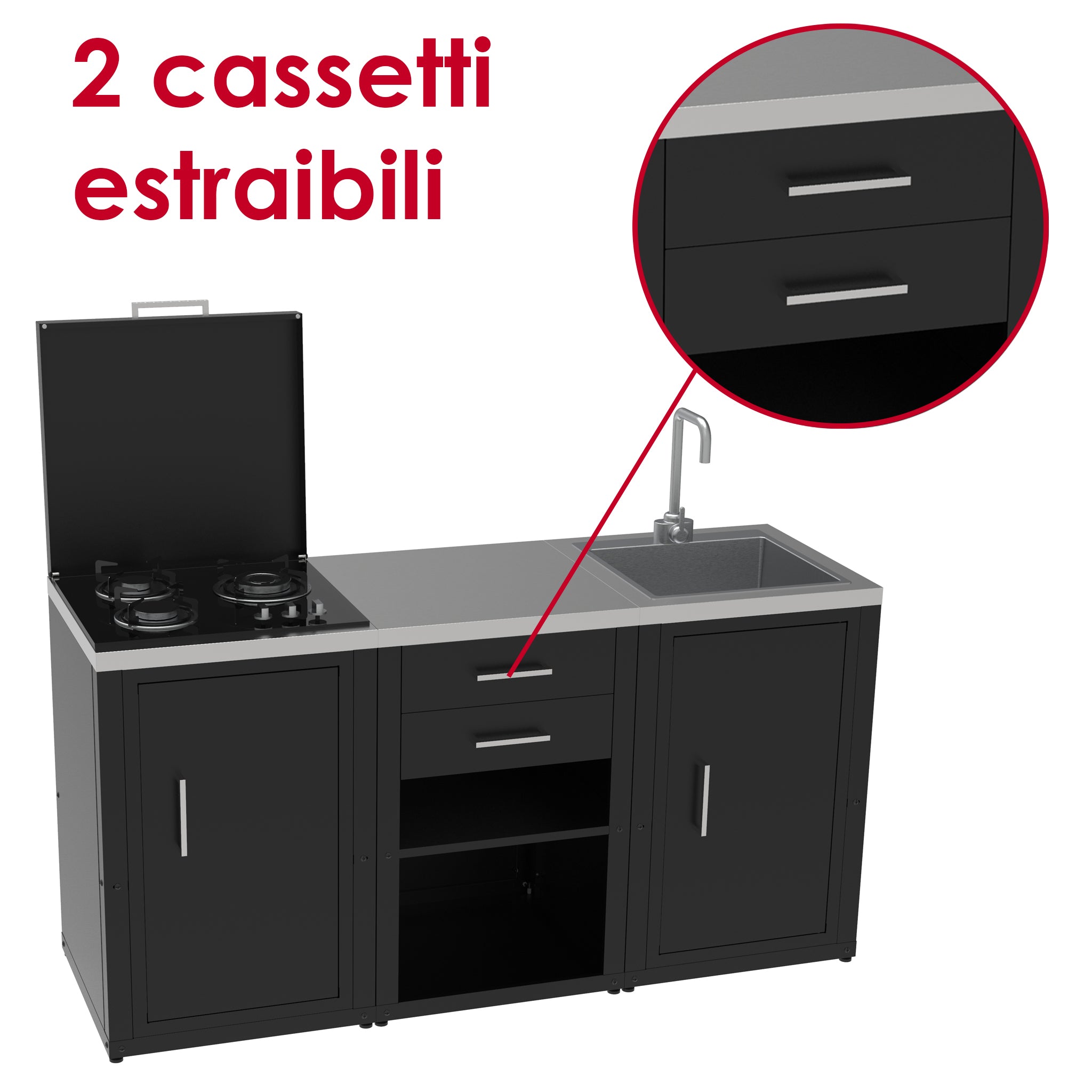 SOLEILUX Set Cucina da Esterno a Gas 3 Elementi con lavello, Rubinetto e Tagliere con 2 cassetti Estraibili - Struttura in Acciaio e Piano in Acciaio Inox - Nero
