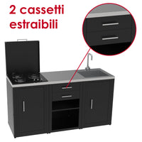 SOLEILUX Set Cucina da Esterno a Gas 3 Elementi con lavello, Rubinetto e Tagliere con 2 cassetti Estraibili - Struttura in Acciaio e Piano in Acciaio Inox - Nero
