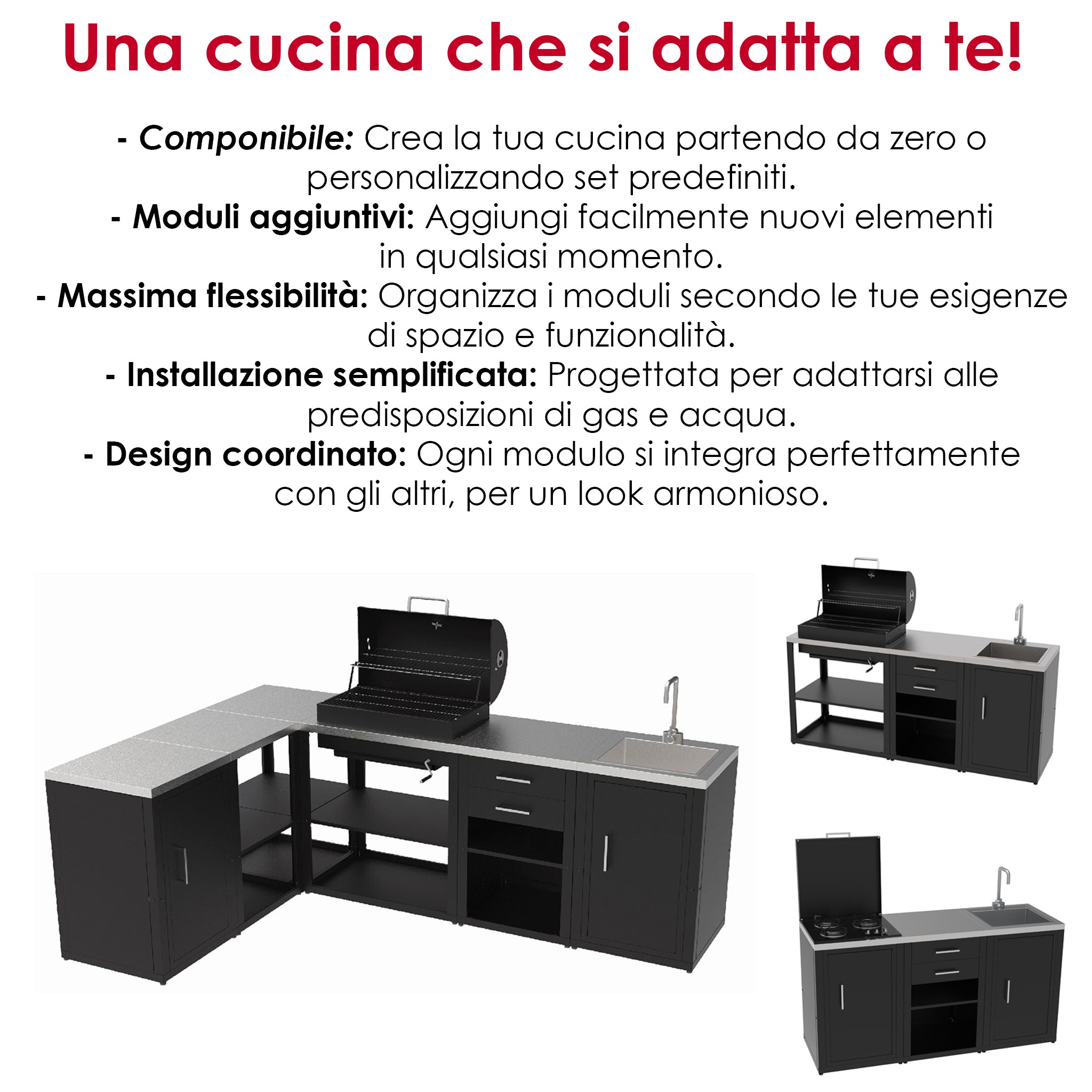 SOLEILUX Set Cucina da Esterno a Gas 3 Elementi con lavello, Rubinetto e Tagliere con 2 cassetti Estraibili - Struttura in Acciaio e Piano in Acciaio Inox - Nero