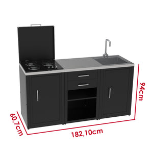 SOLEILUX Set Cucina da Esterno a Gas 3 Elementi con lavello, Rubinetto e Tagliere con 2 cassetti Estraibili - Struttura in Acciaio e Piano in Acciaio Inox - Nero