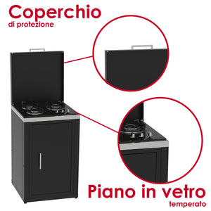 SOLEILUX Set Cucina da Esterno a Gas 3 Elementi con lavello, Rubinetto e Tagliere con 2 cassetti Estraibili - Struttura in Acciaio e Piano in Acciaio Inox - Nero