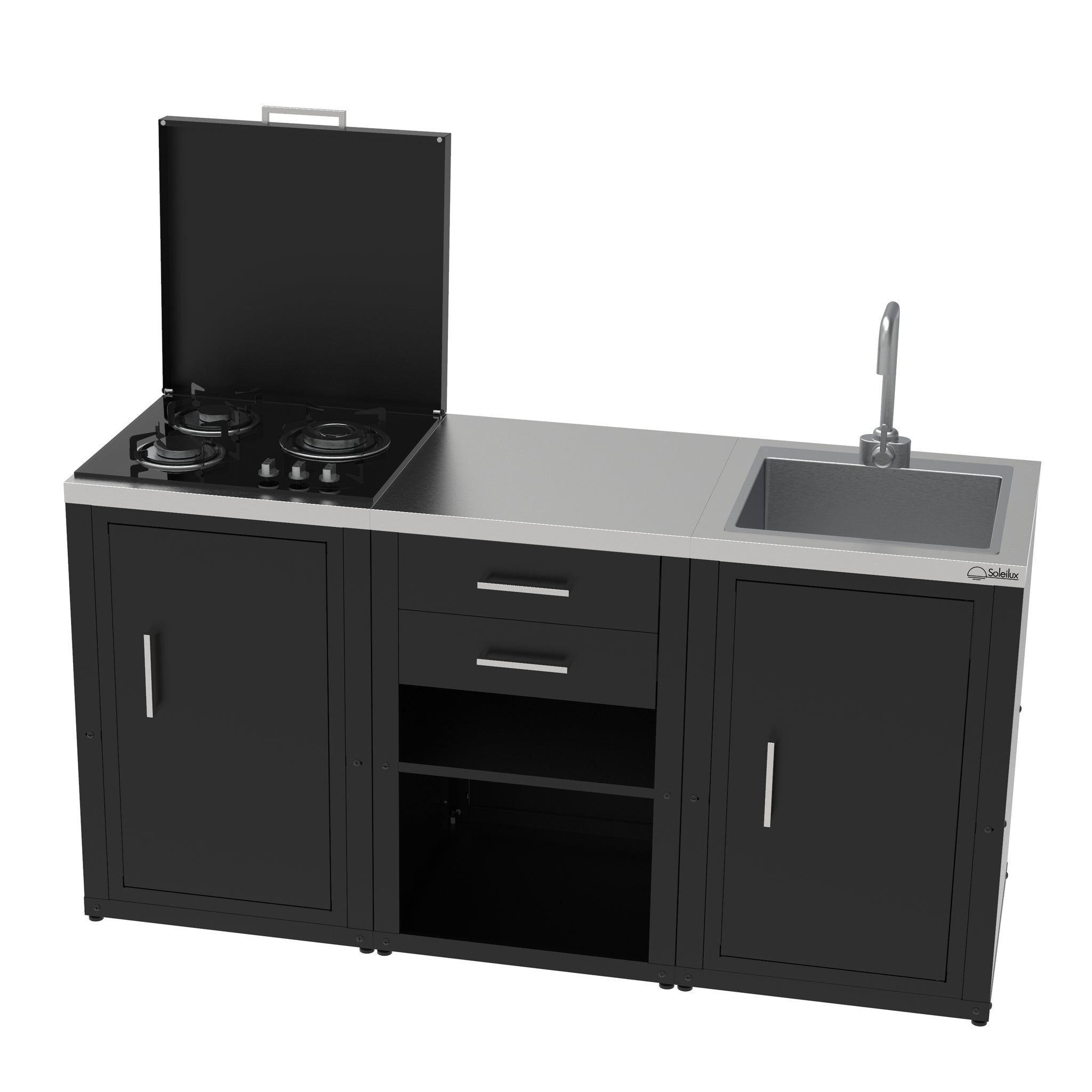 SOLEILUX Set Cucina da Esterno a Gas 3 Elementi con lavello, Rubinetto e Tagliere con 2 cassetti Estraibili - Struttura in Acciaio e Piano in Acciaio Inox - Nero