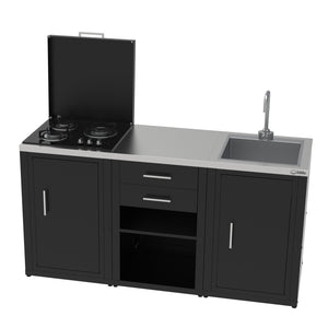 SOLEILUX Set Cucina da Esterno a Gas 3 Elementi con lavello, Rubinetto e Tagliere con 2 cassetti Estraibili - Struttura in Acciaio e Piano in Acciaio Inox - Nero