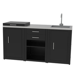 SOLEILUX Set Cucina da Esterno a Gas 3 Elementi con lavello, Rubinetto e Tagliere con 2 cassetti Estraibili - Struttura in Acciaio e Piano in Acciaio Inox - Nero