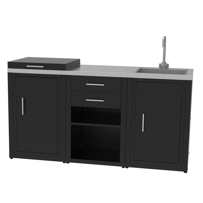 SOLEILUX Set Cucina da Esterno a Gas 3 Elementi con lavello, Rubinetto e Tagliere con 2 cassetti Estraibili - Struttura in Acciaio e Piano in Acciaio Inox - Nero