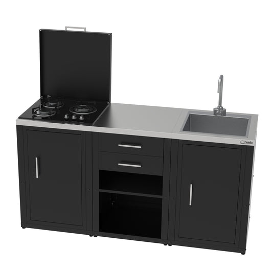 SOLEILUX Set Cucina da Esterno a Gas 3 Elementi con lavello, Rubinetto e Tagliere con 2 cassetti Estraibili - Struttura in Acciaio e Piano in Acciaio Inox - Nero