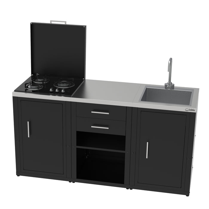 SOLEILUX Set Cucina da Esterno a Gas 3 Elementi con lavello, Rubinetto e Tagliere con 2 cassetti Estraibili - Struttura in Acciaio e Piano in Acciaio Inox - Nero
