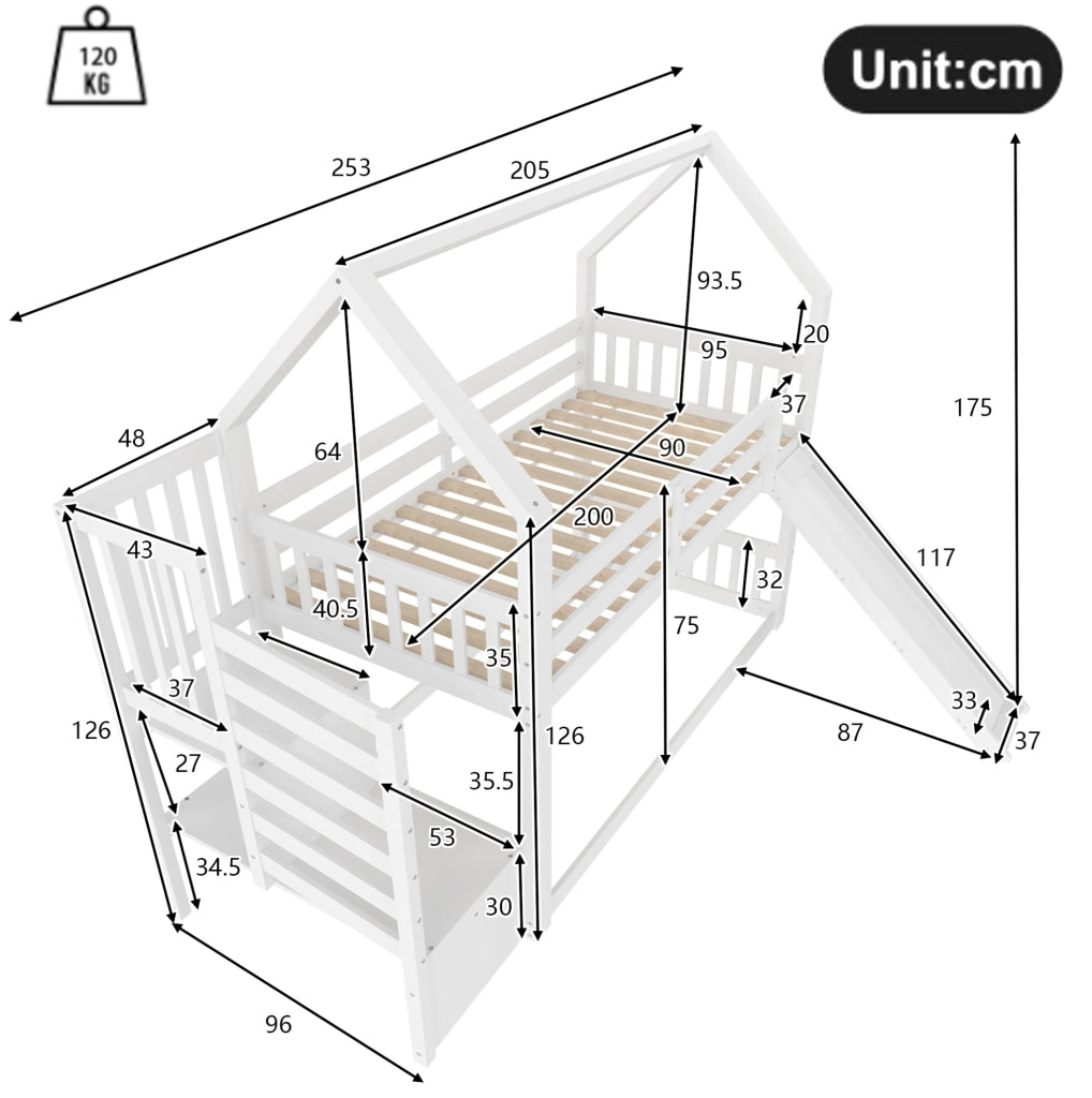 Letto a castello 90x200 cm con scivolo e scala, bianco