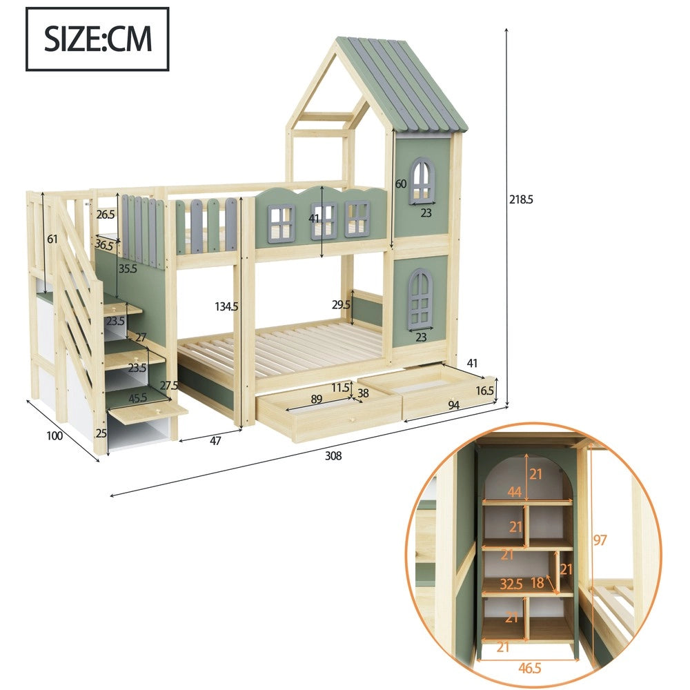 Letto a castello per bambini ¨C Minimal ¨C 90x200 cm in legno verde con cassetti e mensole