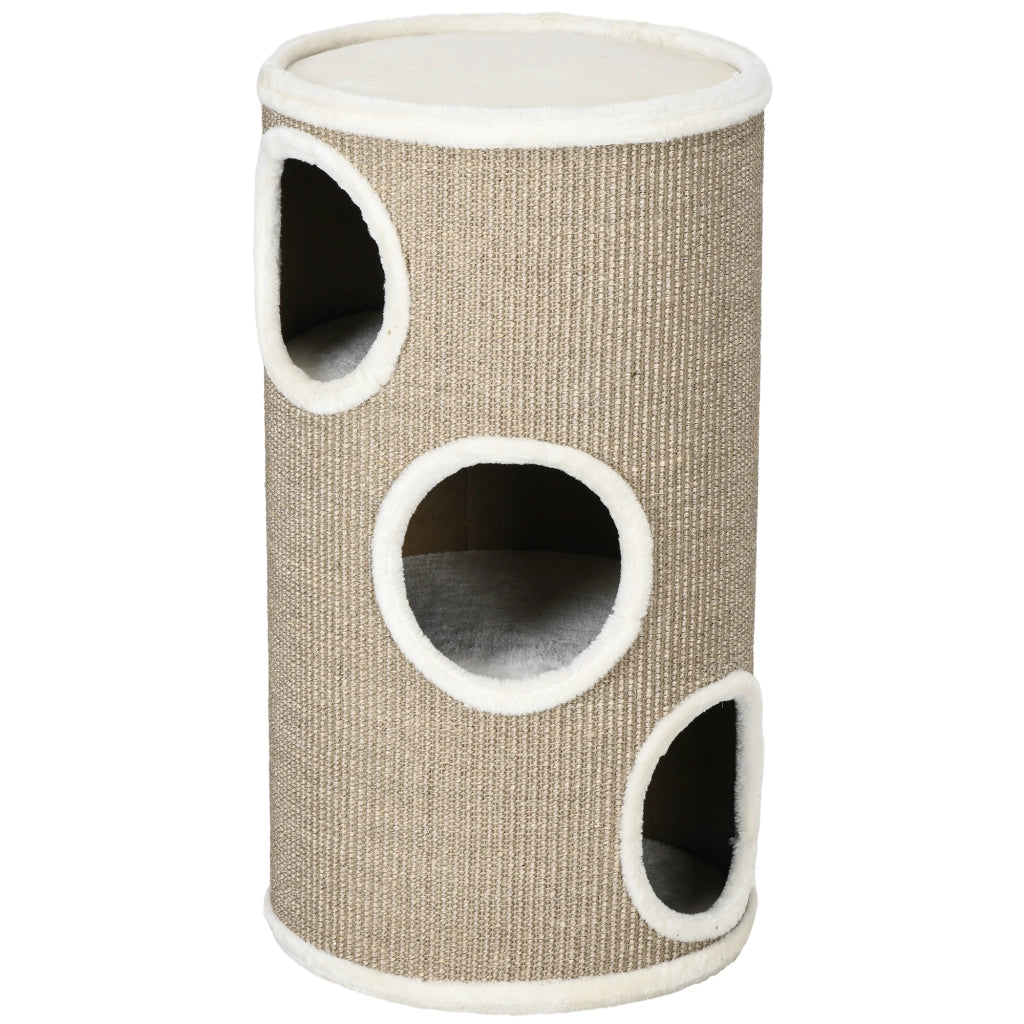 Cuccia per Gatti a 3 Livelli Ø38x70cm con Tiragraffi in Sisal e Peluche Marrone