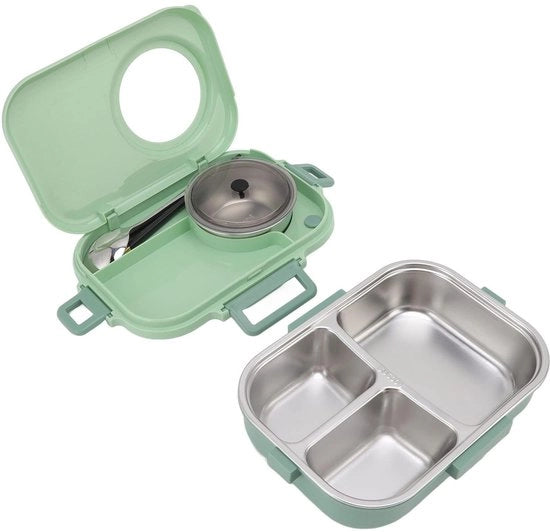 Lunchbox 3 compartimenti, isolata con posate e ciotola per zuppa, contenitori per pasti sicuri per bambini e adulti, scuola, ufficio, picnic (verde)