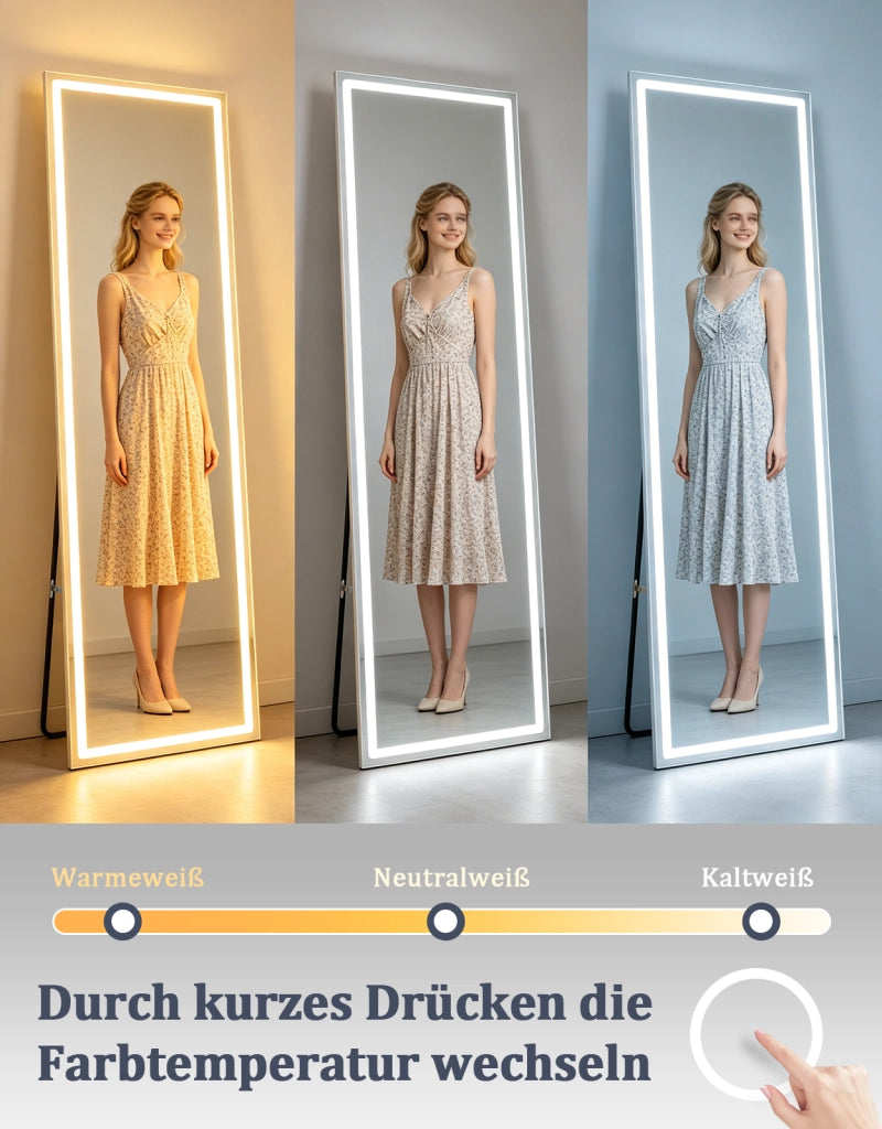 ZMH Specchio a figura intera Illuminato 160cm Specchio da Terra e Parete Full Length Standing Mirror